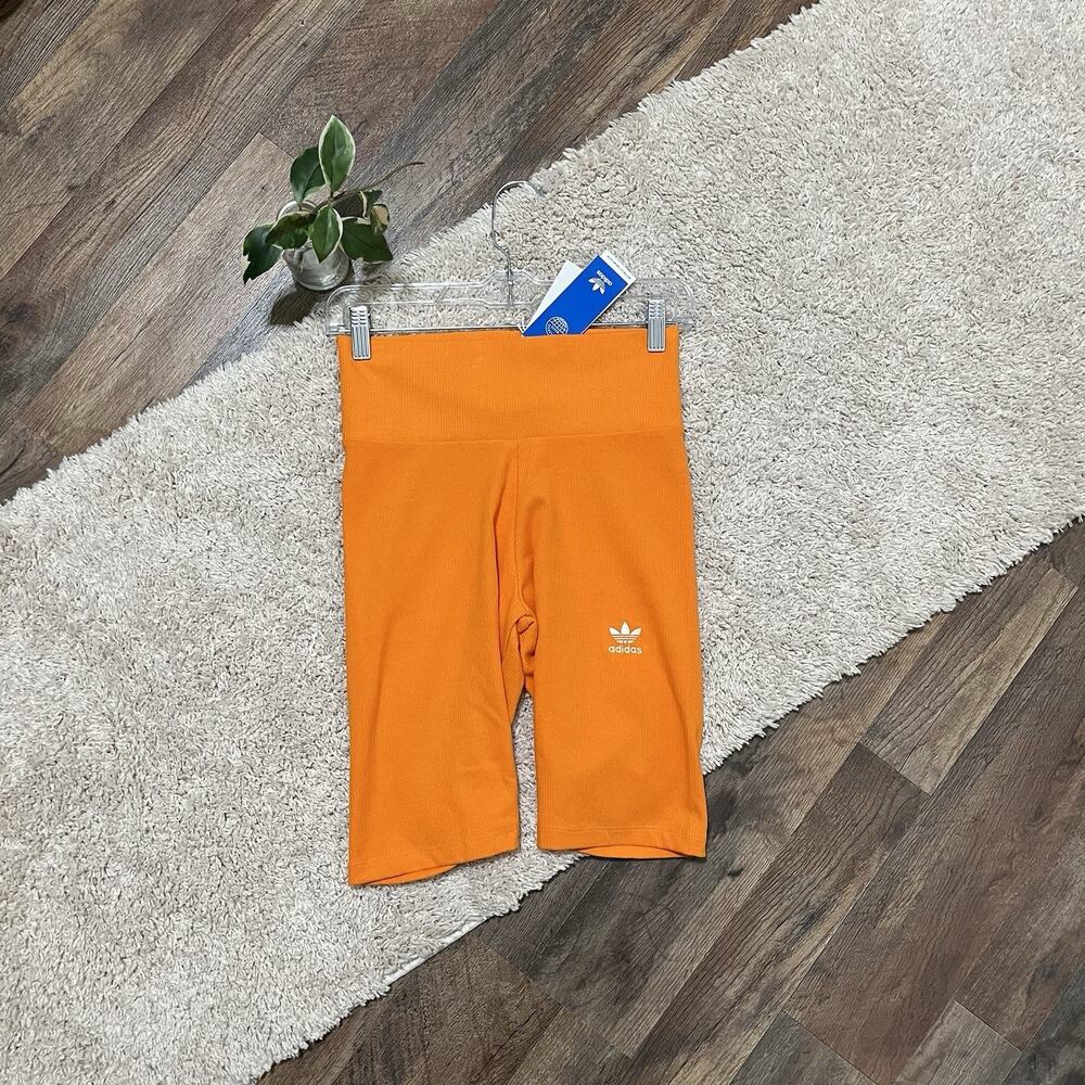 Adidas Original Adicolor Size Small Orange Ribbed High Waisted Biker Shorts NWT
